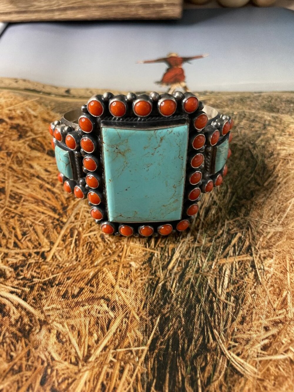 Anthony Skeets Handcrafted Turquoise, Coral & Sterling Silver Cuff Bracelet Sign